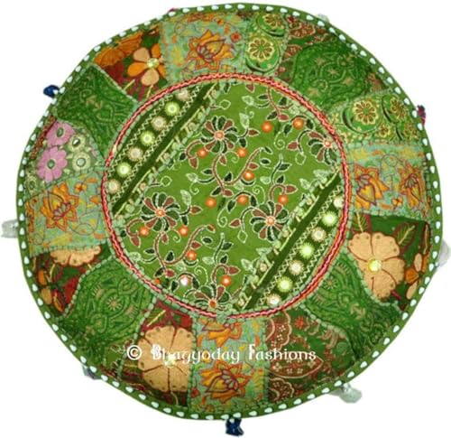 Sophia-Art Indian Embroidered Patchwork Cover Decorative Pouf Indian Comfortable Floor Cotton Cushion Ottoman Pouf,Indian Designs Ethnic Patchwork Pouf (Light Green, 14"x22")