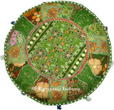 Sophia-Art Indian Embroidered Patchwork Cover Decorative Pouf Indian Comfortable Floor Cotton Cushion Ottoman Pouf,Indian Designs Ethnic Patchwork Pouf (Light Green, 14"x22")
