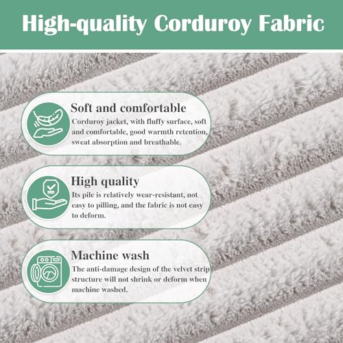 Rectangular Pouf Ottoman, Stuffed Floor Pouf with Foam Chunk Filling, Soft Coral Fleece Furry Foot Rest Stool, Multi-Use Ottoman for Living Room, Wide Stripe Boho Decor, White