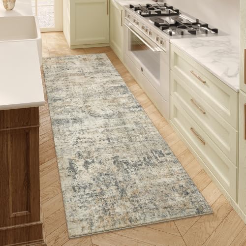 2'x8' Grey Beige Runner Rug, Washable Carpet