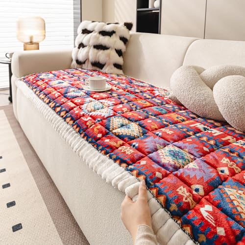 Boho Couch Cover for Pets Super Soft Sofa Covers for Cats & Dogs Washable Sofa SlipCover Furniture Couch Protector for Living Room(35" x 71", Red)