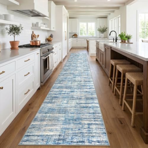 KOZYFLY Washable Long Runner Rug 2.6x20 Hallway Stair Rug Runner Blue Beige