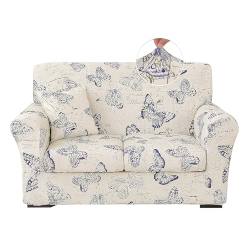 Stretch Printed Sofa Cover Couch Covers, 4-Piece Loveseat Slipcovers with 2 Separate Cushion Cover & 1 Pillow Case, Washable Spandex Furniture Protector for Living Room(Loveseat, Butterfly)