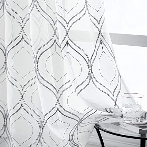 VISIONTEX White Sheer Curtains 84 Inches Long 2 Panels, Light Filtering Grey Moroccan Trellis Embroidered Semi Sheer Voile Drapes, Rod Pocket Textured Window Curtain for Bedroom Living Room 54W x 84L
