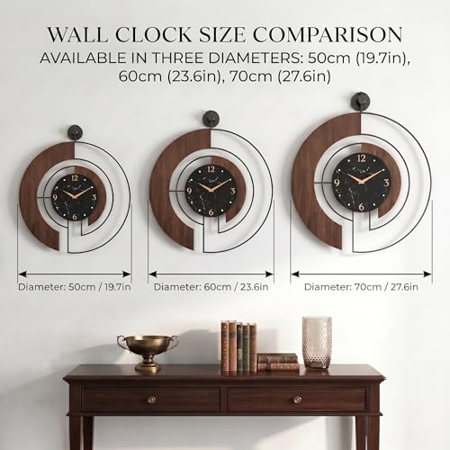 Modern Walnut Marble Dial Wall Clock, Large Wood Metal Frame Silent Non Ticking Wall Clocks for Living Room, Bedroom Decoration, Contemporary Home Wall Decor Gift Idea, 22 in