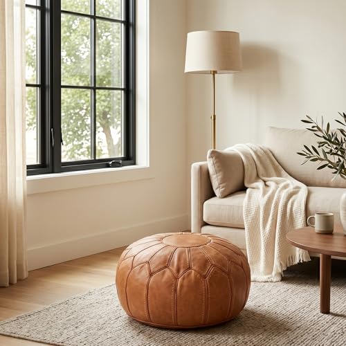 Moroccan Handmade Leather Pouf Ottoman — Round Genuine Leather Footstool, Hand-Stitched Unstuffed Pouf Cover for Living Room, Bedroom & Nursery (Cognac Brown)
