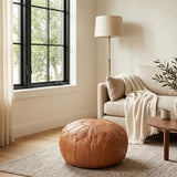Moroccan Handmade Leather Pouf Ottoman — Round Genuine Leather Footstool, Hand-Stitched Unstuffed Pouf Cover for Living Room, Bedroom & Nursery (Cognac Brown)