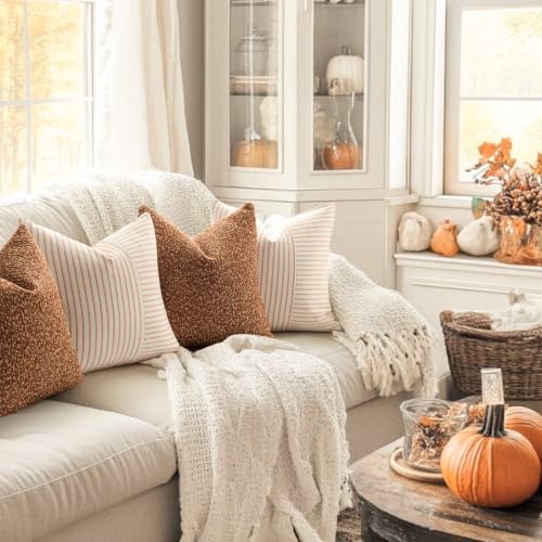 YCOLL Fall Euro Sham Pillow Covers 24x24, Modern Accent Throw Pillow Covers Set of 2, Burnt Orange Striped Patchwork Linen Decorative Pillows Cushion Covers for Bed Sofa Couch Living Room Home Decor