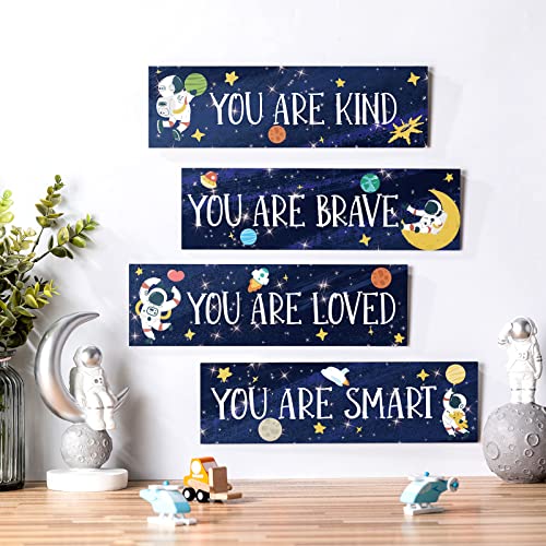 Yookeer 4 Pcs Space Room Decor for Kids Boys Outer Space Wall Art Bedroom Decor for Nursery Classroom Astronaut Galaxy Posters Spaceman Wood Sign Be Brave and Be Kind for Baby Boy(You)