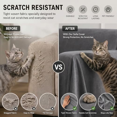 LOllON Velvet Couch Cover for Cats Dogs Kids - 100% Waterproof Cat Scratch Resistant Sofa Cover, Non-Slip Washable Furniture Protector,Ultra Soft Pet-Friendly Slipcover for 3-Seat Sofa 118"x71" Grey