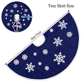N&T NIETING Christmas Tree Skirt, 30 Inch Rustic Burlap Tree Skirt with Snowflakes Printed Christmas Tree Mat for Xmas Holiday Party Decoration, Dark Blue