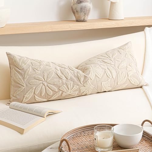 BlissBlush 14x36 Lumbar Pillow Cover for Bed, Rectangular Decorative Long Throw Pillowcase, Embroidered Farmhouse Accent Cushion, Beige Neutral Floral Tufted (Cover Only)