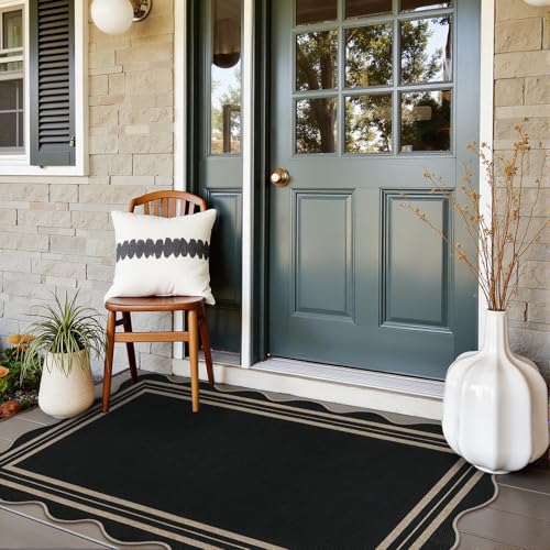 Scalloped Easy Jute 3x5 Outdoor Rug, Washable Rugs for Entryway Black Front Door Mat, Farmhouse Neutral Non Slip Indoor Carpet for Patio Living Room Backyard