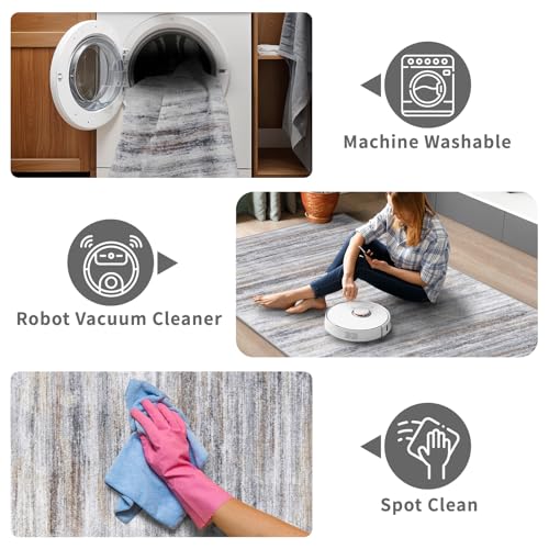 Washable Kitchen Runner Rug for Family: Easy-to-Clean Runners for Hallway Entryway Bedroom - Stain and Water Resistant Rugs with Non-Slip Backing - Soft Low-Pile Carpet 2x6 Beige Grey