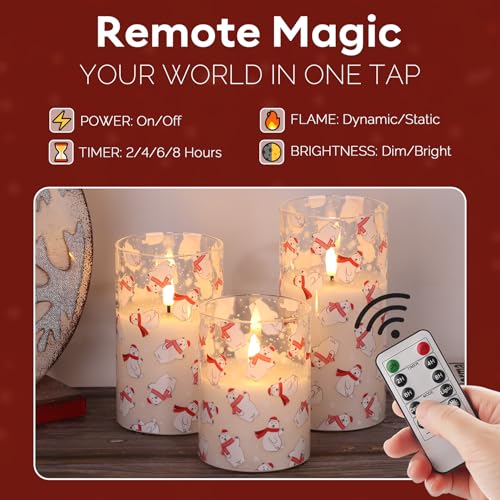 Bear Christmas Glass Flameless Pillar Candles with Remote Set of 3