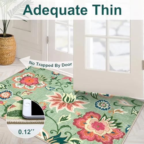 Floral Kitchen Runner Rugs Non Skid Washable, Low Pile Ultra Thin Rug Runners 2x6, Non Slip Paisley Carpet for Laundry Bedroom Entrance Bathroom (Light Green,2'x6')