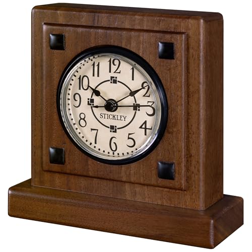 Stickley Bradley Bracket Clock, Solid Walnut, Mission Style, AAA Battery Included, Gift Box, Desktop Size, 5.25in Square
