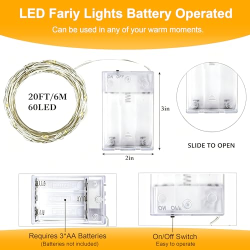 4 Pack LED Fairy Lights Battery Operated 20FT 60 LEDs Silver Wire String Lights Twinkle Lights Starry Fairy Lights for Bedroom Christmas Wedding Party Indoor Outdoor Decorations, Warm White