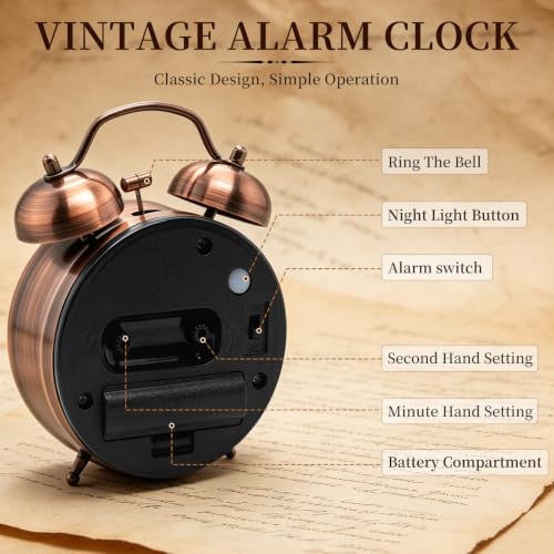 Loud Alarm Clock for Heavy Sleeper, Twin Bell Retro 3'' Silent Non-Ticking Mini Travel Quartz with Backlight, Luminous Dial, Battery Operated Mental Alarm Clock for Home Decoration Bedroom Bedside