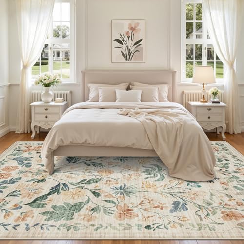 8x10 Area Rugs Washable Rug: Large Boho Living Room Rug Soft Non-Slip Low Pile Carpet Indoor Floor Non-Shedding Neutral Floral Carpets for Bedroom Dining Room Farmhouse Nursery Beige