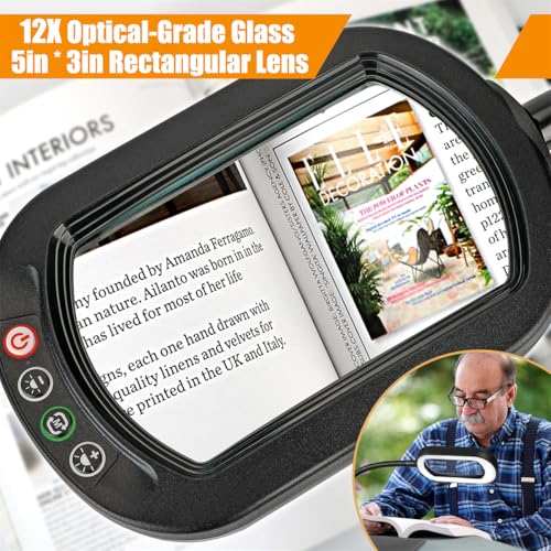 Veemagni 12X Rectangle Magnifying Glass with Light and Stand, Flexible Gooseneck LED Lighted Desk Lamp, 5 Color Modes Stepless Dimmable, Hands Free Magnifier for Reading Crafts Painting Close Work