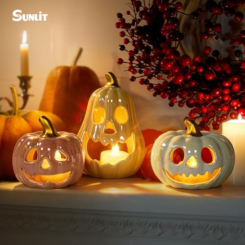 Sunlit Ceramic Pumpkin with 3 Tea Lights, Jack O Lantern Candle Holder Set of 3, Tabletop Indoor Halloween Decorations for Holiday Party Home, Pearl Finish