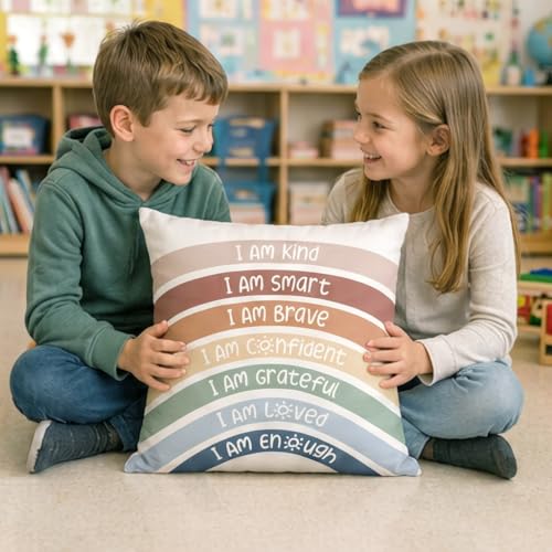 QIYUHOY Kids Classroom Reading Corner Rainbow Throw Pillow Covers 18x18, Positive Affirmations Pillow Case Decor for Calming Corner Cozy Corner Nursery Toddler Room Playroom
