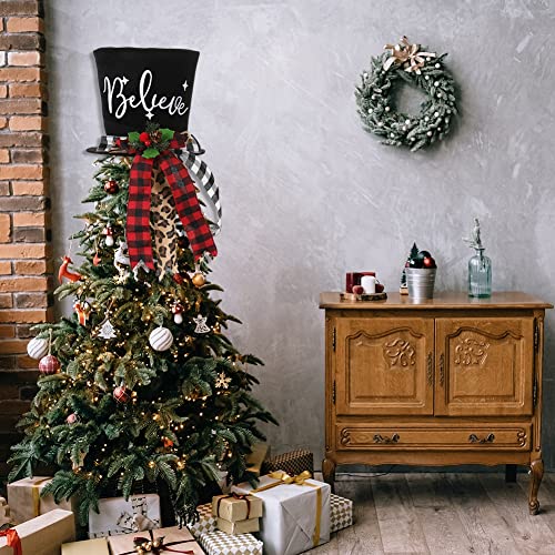 Christmas Tree Topper Hat, Black Velvet Bowler Derby Hat Topper with Long Plaid Ribbon Ornament, Christmas Snowman Topper Hat for Home Holiday Tree Decoration (Christmas Tree Topper Hat (10 x 8 Inch))