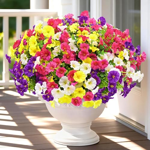 Artificial Flowers for Outdoors, 14 Bundles Fake Outdoor Flowers, UV Resistant Artificial Outdoor Plants & Flowers for Decoration, Colorful Morning Glory for Garden Porch Yard Patio, Mixed Color A