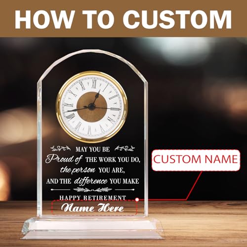 Personalized Crystal Quartz Clock, Retirement Gift for Women, Men, Retirement Clock Quartz Desk Clock, Premium Crystal Clear Glass Plaque, Retired for Teacher, Boss, Leader, Doctor