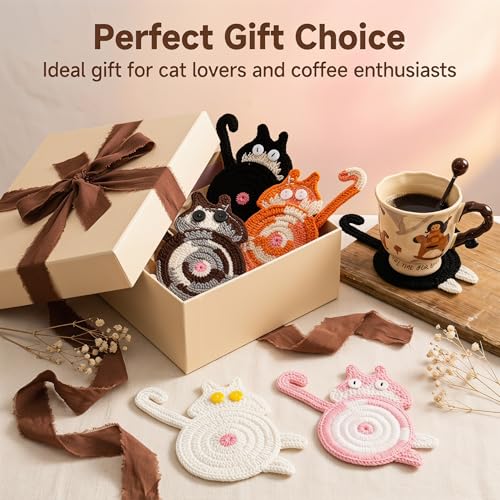 Cat Gifts for Cat Lovers 5PCS Cat Coaster Woven Creative Cute Cat Coaster Insulation Coaster – lifestyle view