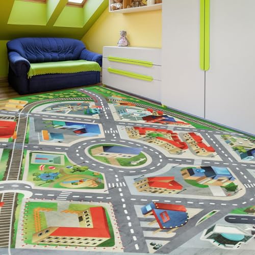 Large Kids Carpet Play Mat Rug for Playroom, 60'' x 84'’ Car Rugs Mat for Kids Toy Cars, City Life with Road Traffic Playmat Rugs Great for Kids Bedroom Play Room Boy Room Decor, Grey