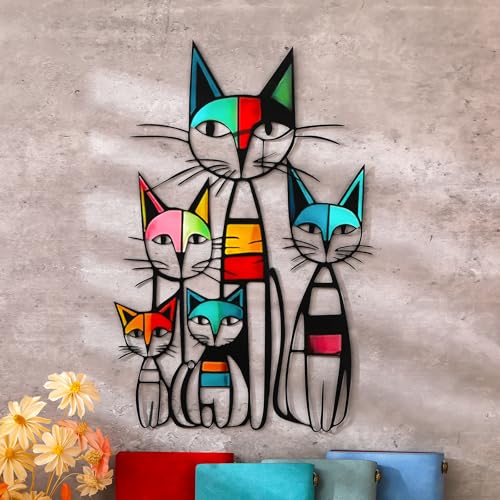 Wesiti Cat Wall Art Decor Iron Wall Sculptures Decor for Cats Lover 10.6 x 15.7 Inches Colorful Retro Mid Century Cat Signs for Home Living Room Bedroom Kitchen Office(Classic)