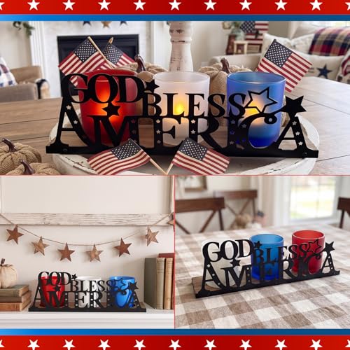 250 Anniversary Decorations with 3 Glass Votive 1 Wooden Tray God Bless America Decor Patriotic Red Blue White Table Decorations 4th of July Rustic Decor for Memorial Independence Day