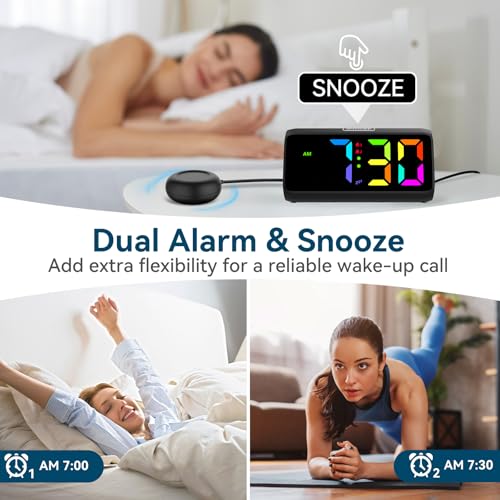 Netzu Loud Alarm Clock for Heavy Sleepers, Plug-in RGB Vibrating Alarm Clocks with Bed Shaker, 5 Dimmers, 2 Alarms and Snooze for Bedrooms Hearing Impaired Deaf Adults (Black)