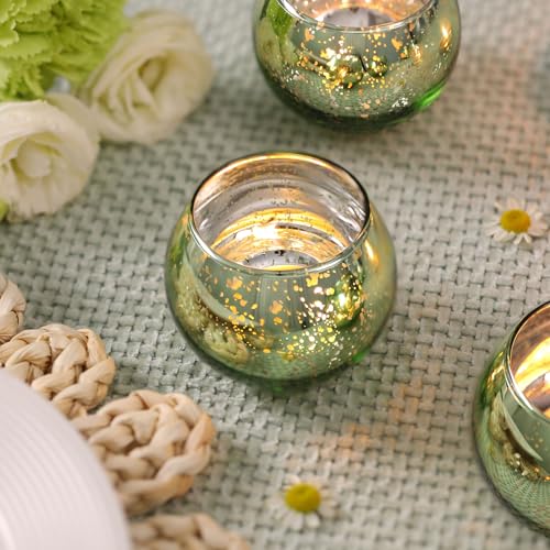 24PCS Green Votive Candle Holder Bulk, Round Mercury Glass Votives