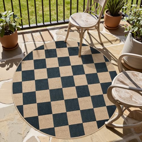 Lahome Checkered Easy Jute 4ft Round Outdoor Rug, Washable Small Rugs Black