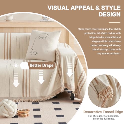 DREAMINGO Couch Cover Reversible Chenille 3 Seat Sofa Covers for Pet Kids Beige Coffee Couch Protector for 3 Cushion Couch Sofa Vertical Stripe Jacquard Sofa Slipcover Sectional, 71"x134"