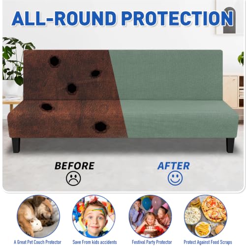 MAXIJIN Stretch Armless Futon Cover Full Size Sofa Bed Covers (67"-82") | Stretch Futon Couch Slipcovers Furniture Protector with Elastic Band,Washable Jacquard Fabric Small Checks, Pea Green
