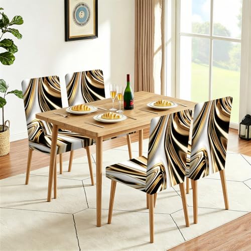 FOREVER QUEEN Black Gold Chair Covers Set of 4, Flower Design Stretch Dining Chair Slipcovers Washable Universal Seat Protectors for Kitchen, Banquet, Party
