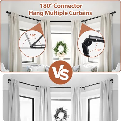 Bay Window Curtain Rods, 1 Inch Heavy Duty Metal U Shaped Corner Curtain Rod, 59-184” Adjustable Curved Curtain Rod for Bay Window Black