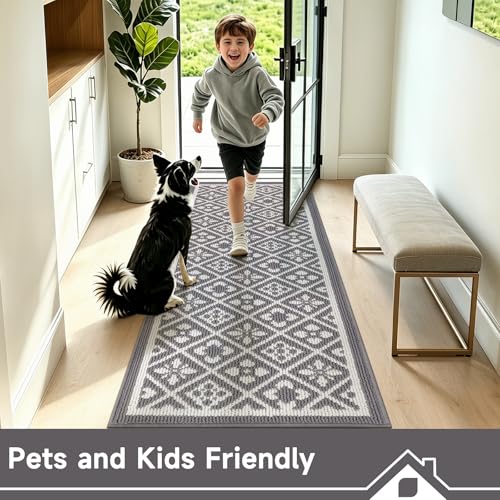 Hallway Runner Rug 2x6 ft,Washable Indoor Grey Carpet with Non Slip Rubber Backing,Low Pile Durable Kitchen Floor Mat for Laundry Entryway Door & High Traffic Areas