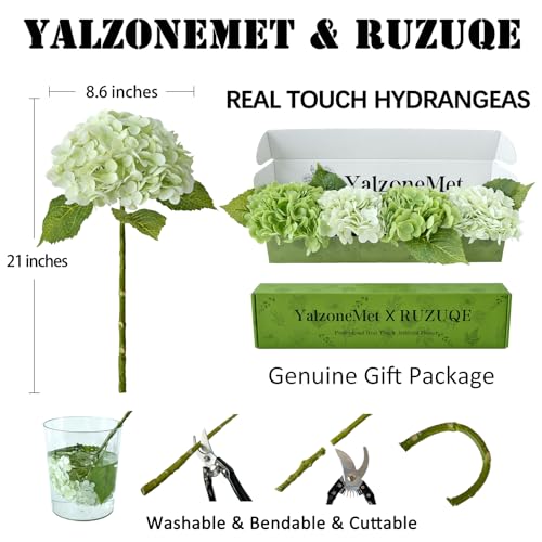 YalzoneMet Hydrangea Artificial Flower Natural Lifelike Real 21 inch Latex Long Stem 2 Light Green+2 Dark Green Hydrangea Flower Bouquets for Home Party Outdoor Wedding Table Centerpiec Decor