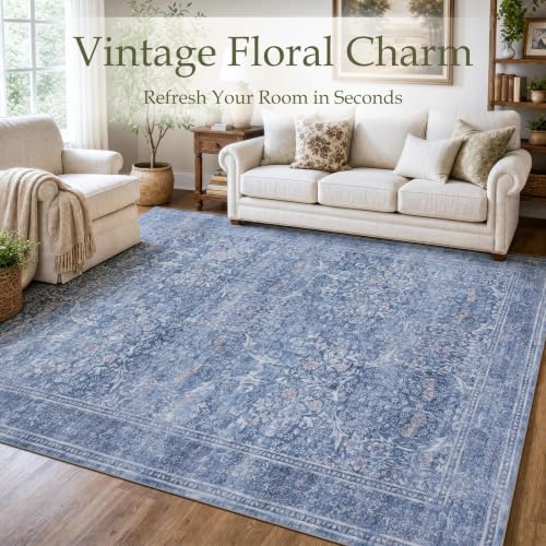 JOLLYVOGUE 8x10 Area Rugs for Living Room, Vintage Washable Rug, Blue