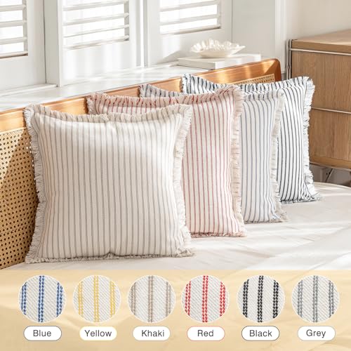 YEENAASY Throw Pillow Covers 18x18 Set of 2 Striped Fringe Pillow Cover Farmhouse Cushion Covers with Tassel Neutral Boho Pillows Decorative Square Pillowcase for Couch Sofa Bed, Khaki