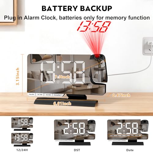 SZELAM Digital Clock,Alarm Clock Bedside with Projection,7.3" Mirror Clock with 180°Rotating Projector,Dual Alarm with 3 Mode,Brightnee Adjust,DST,Snooze,Charging Port,5 Levels Volume for Desk Teens