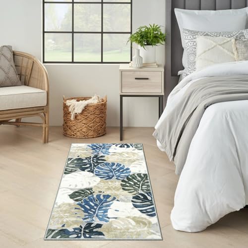 Wonnitar 2x4.3 Laundry Room Rug Runner, Tropical Leaf Non-Slip Washable Bathroom Runner, Small Low Pile Entry Mats Soft Non-Shedding Accent Carpets for Kitchen Door Entrance, Blue
