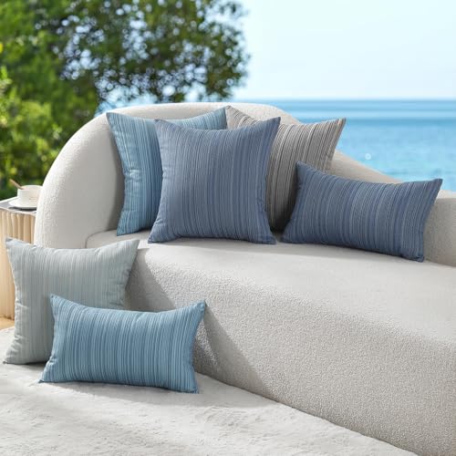 VAKADO Outdoor Chenille Pillow Covers 18x18 Set of 2,Waterproof UV Fade Resistant Stripe Patio Pillow Cushion Covers for Furniture Decorative Porch Couch Throw Pillow Cases for Garden Bench Blue