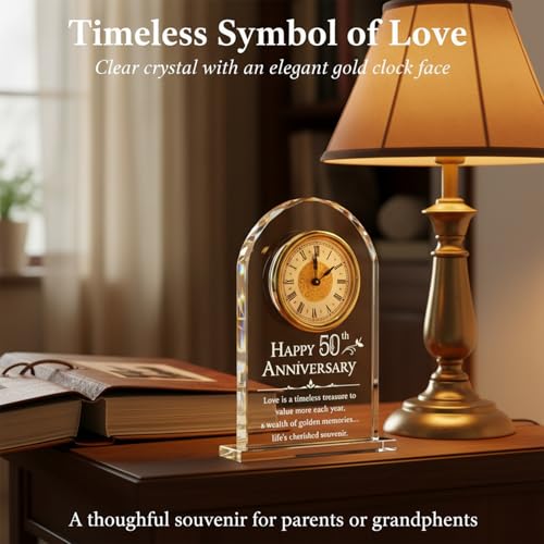 Anxingo 50th Wedding Anniversary Clock, Gold Crystal Quartz Clock for Parents, Elegant Golden Keepsake for Couples, 50 Years of Love Celebration Gift, 5.91x7.87 Inch (Battery Not Included)