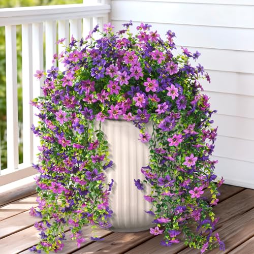 Artificial Hanging Flowers for Outdoors, 2 Pcs Fake Hanging Plant Spring Summer Decor, UV Resistant No Fade Realistic Faux Flower for Front Door Porch Planter Patio Garden Yard(Double Purple)